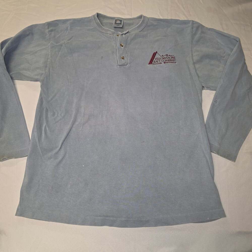 Vintage Yellowstone Raft Company Henley Shirt XL Gray Blue Distressed